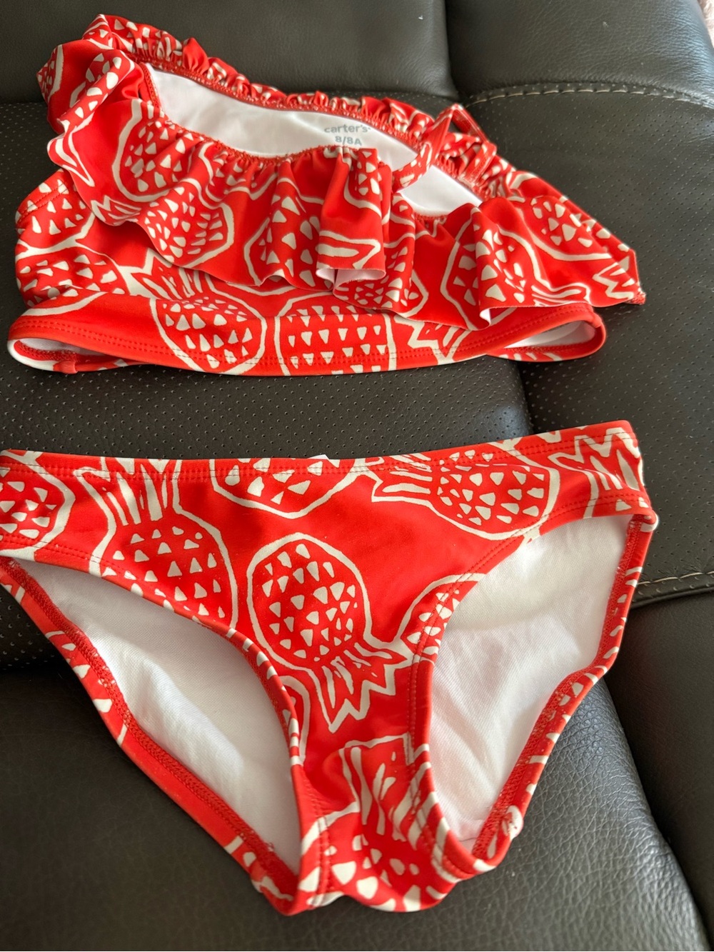 Carter’s Girls 2 Pc Bikini Swimsuit Red White Pineapple Print Ruffle Size 8/8A